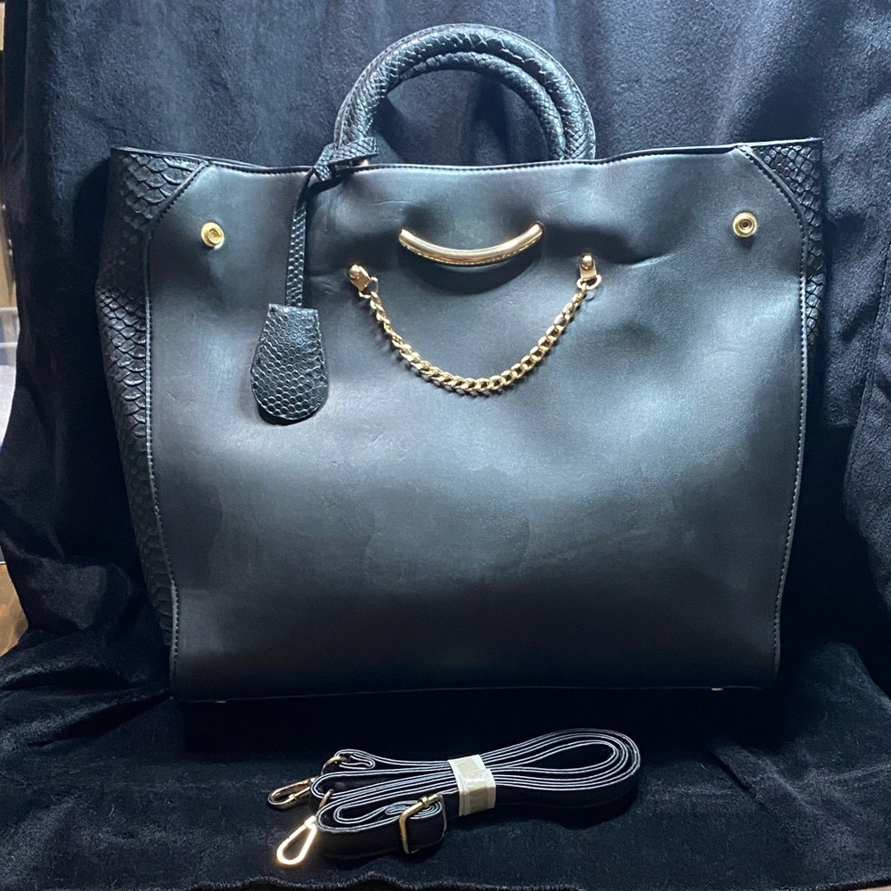 Large Black Tote with Gold Accents and Crossbody Strap NWOT